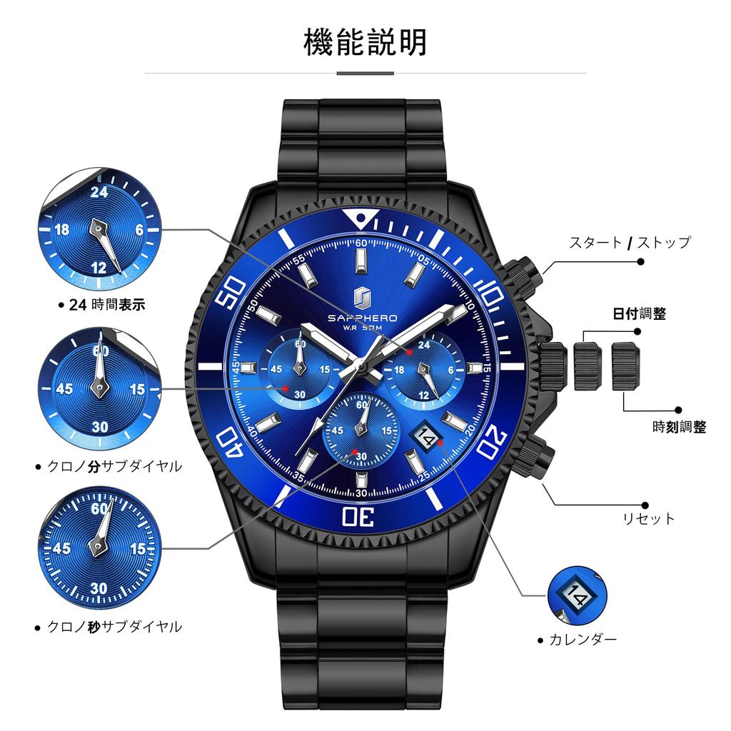 SAPPHERO Analog 8 ATM Water Stainless Mineral Date Black Blue Dial Men's Watch, Resistant, Luminous, Steel, Glass, Business/Outdoor, Display,