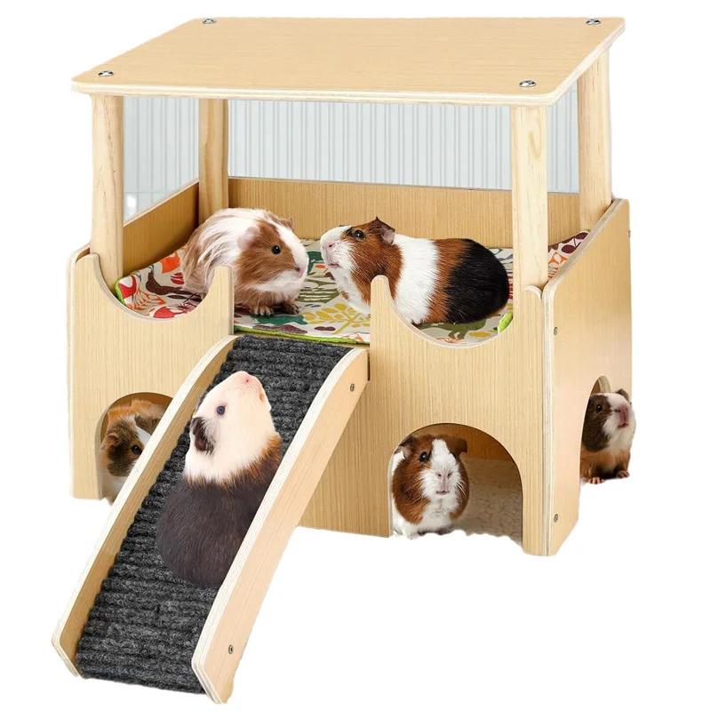 Premium Wooden Guinea Pig House | 2-Level Small Animal Hideout with Stairs | Quick Assembly for Hamsters/Rabbits/Chinchillas