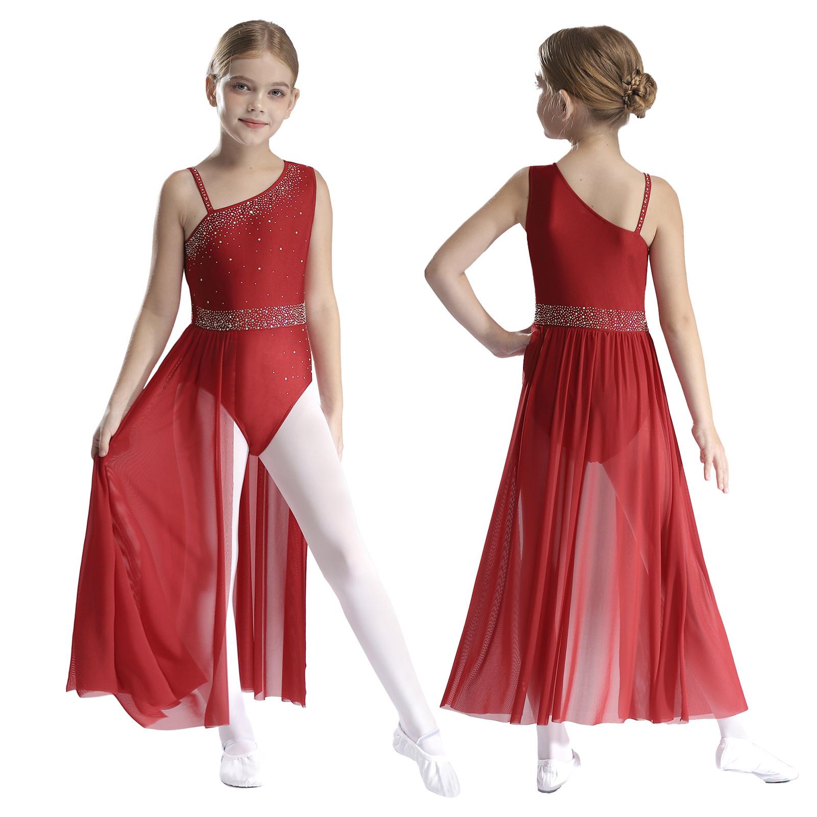 IEFiEL Kinderen Meisjes Ballet Lyrische Dans Jurk Gymnastiek Leotard met Rok Transparante Mesh Kunstschaatsen Moderne Hedendaagse Dans Kostuum 13-14 Years bordeaux