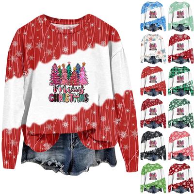Moda feminina Natal estampado manga comprida solto gola redonda moletom top outono