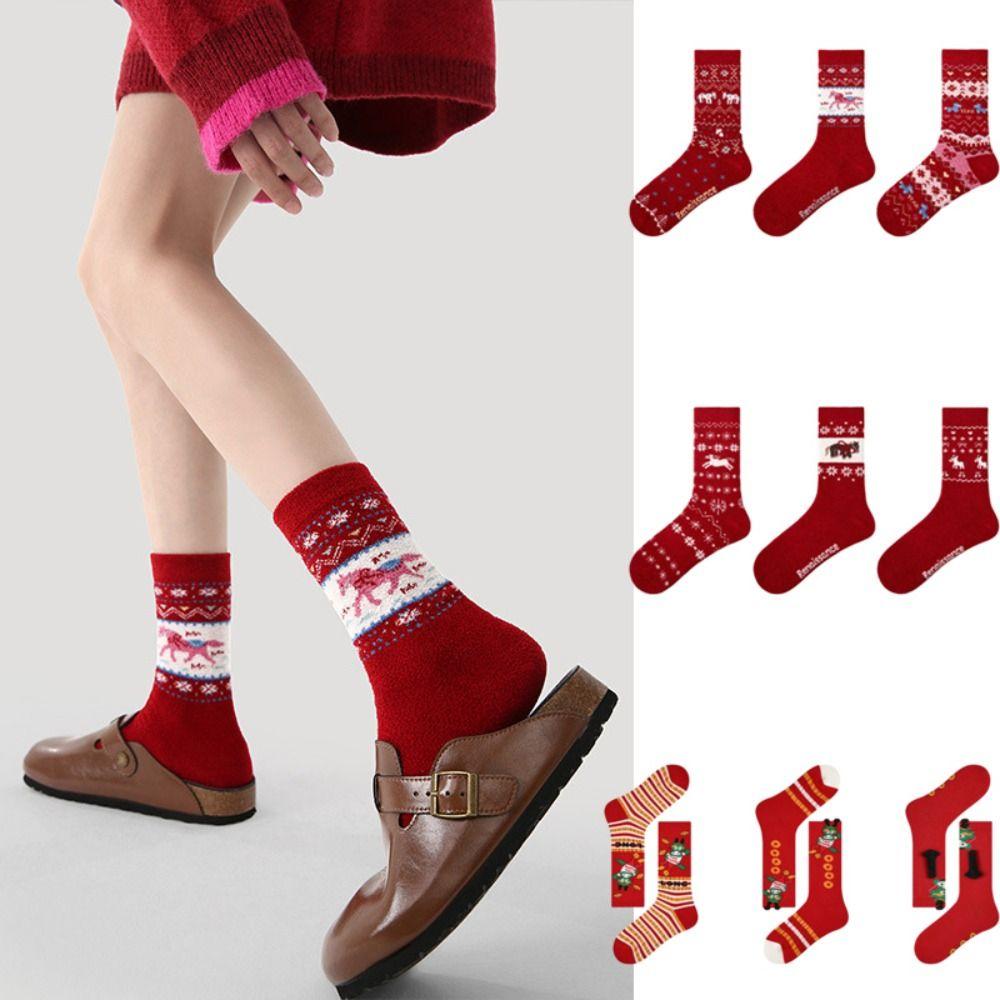 3 Pair Cotton Snow Boot Socks Knitted Middle Tube Socks Female Elastic Striped Socks New Year Gift