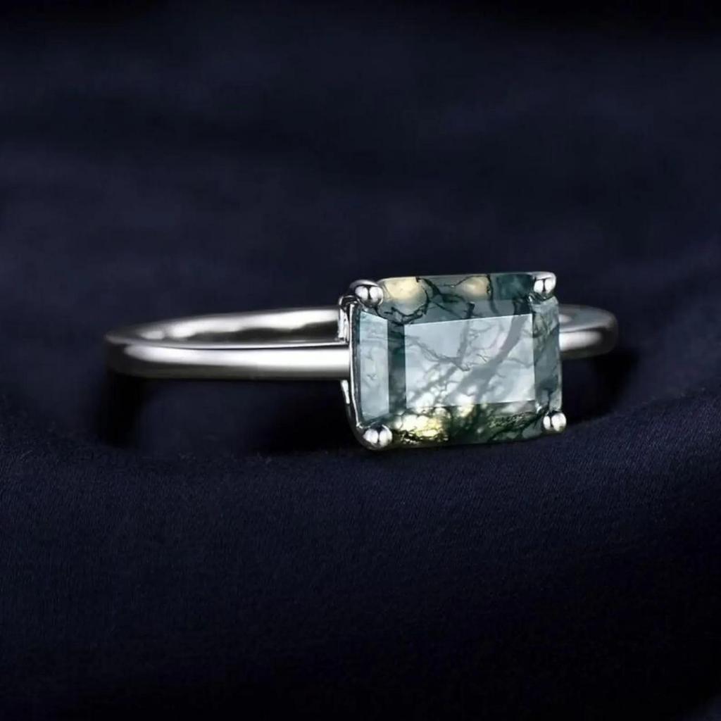 Emerald Cut Moss Agate Ring | 925 Sterling Silver Solitaire Ring for Women | Wedding, Engagement, Anniversary, Promise Gift