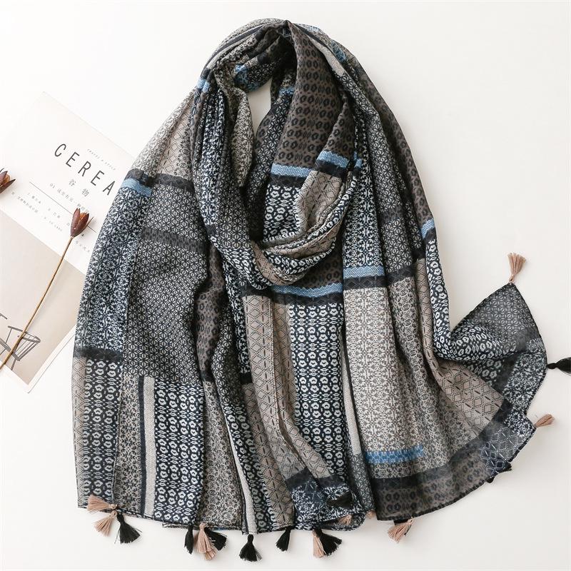 Bali Yarn Cotton-Linen Scarf: Fresh Solid Color, Fruit Green & Bright Yellow Leaf Print with Tassel Detail