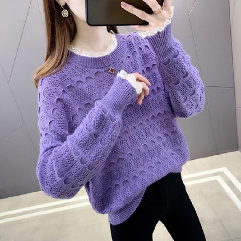 Genser Koreansk blonder med rund hals, hul langermet løs strikket underjakke