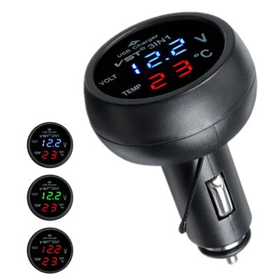 3 v 1 DC 12V/24V LED digitální měřič s USB nabíječkou do auta, voltmetrem, teploměrem a monitorem autobaterie LED digitálním duálním displejem