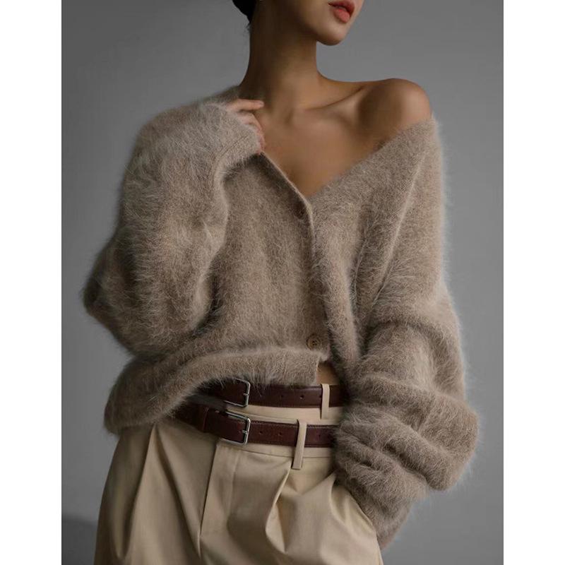 Women's French Retro V-Neck Faux Mink Sweater Coat - Single-Breasted Long Sleeve Loose Knitted Cardigan