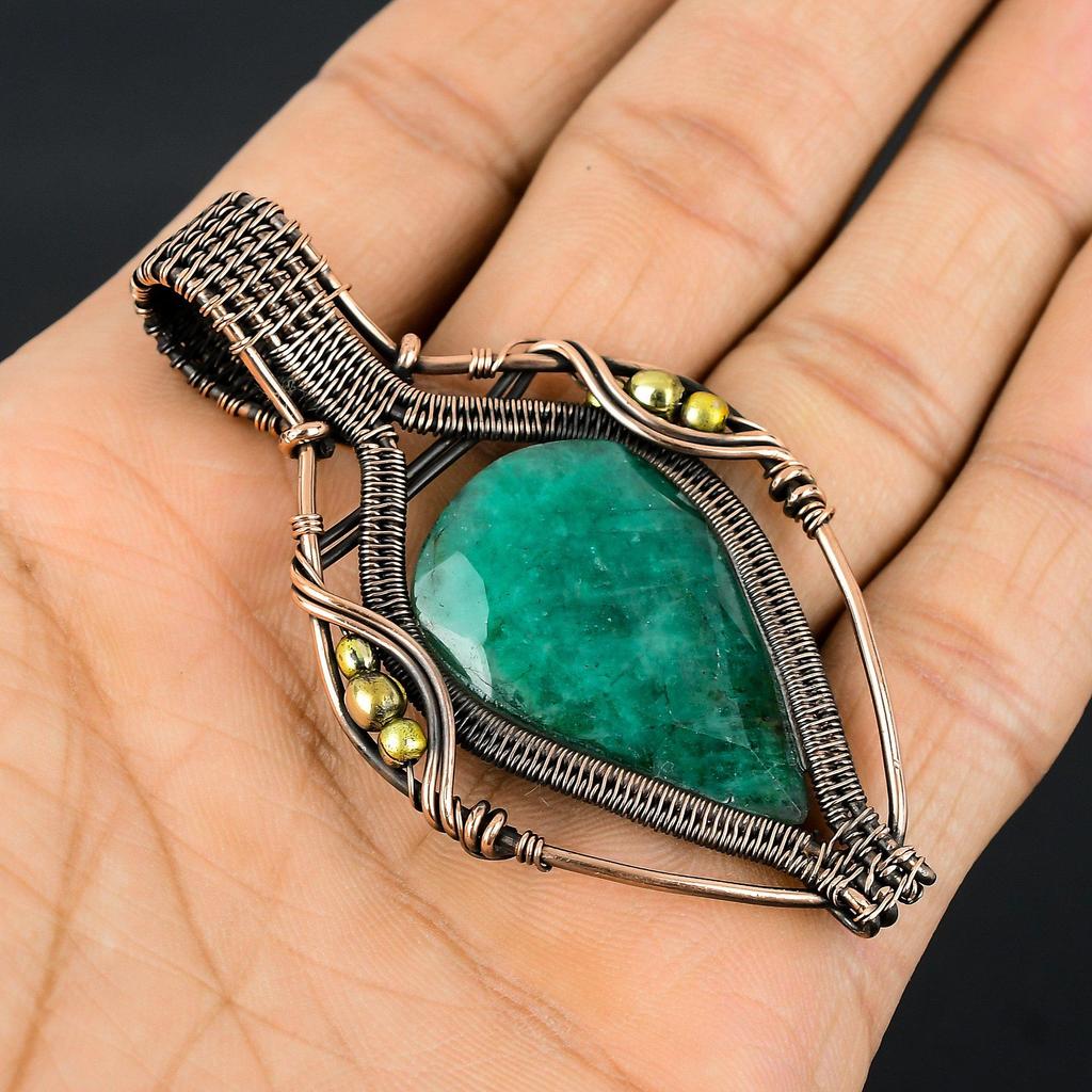 Emerald Pendant, 999 Copper Wire Wrapped Pendant Gemstone Jewelry, Handmade Pendant Amazing Jewelry, Gift For Her