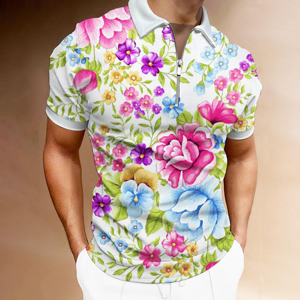 Daisy Print Short Sleeve Zip-up Polo, Casual Summer Wear