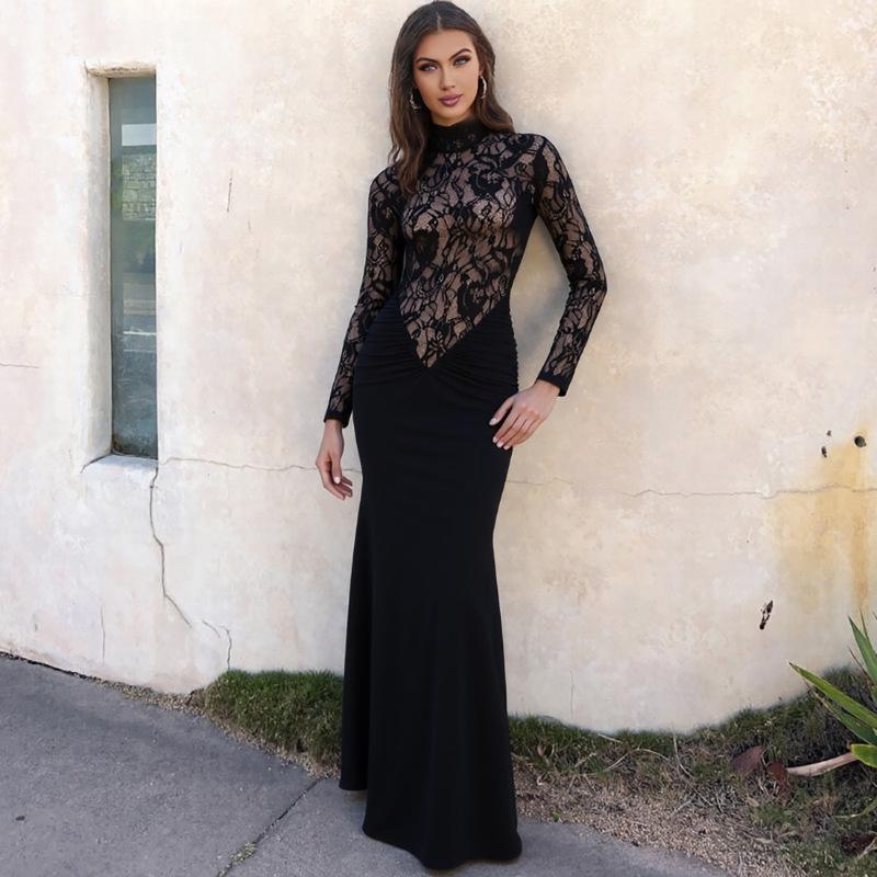 2026 Spring European & American Semi-High Neck Lace Slim Fit Dress