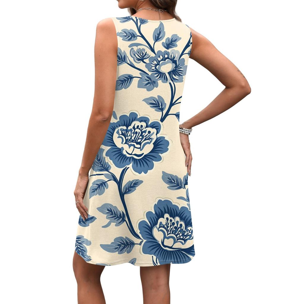 Women's Summer V-neck Casual Beach Vacation Retro Floral Print Sleeveless Patchwork Dress