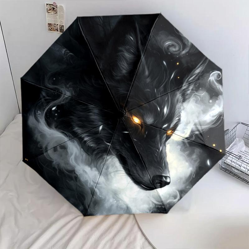 Rauchwolf-Muster, automatisch faltbarer Regenschirm, tragbares und faltbares Design, 8 Speichen, ein Weihnachts- oder Geburtstagsgeschenk.