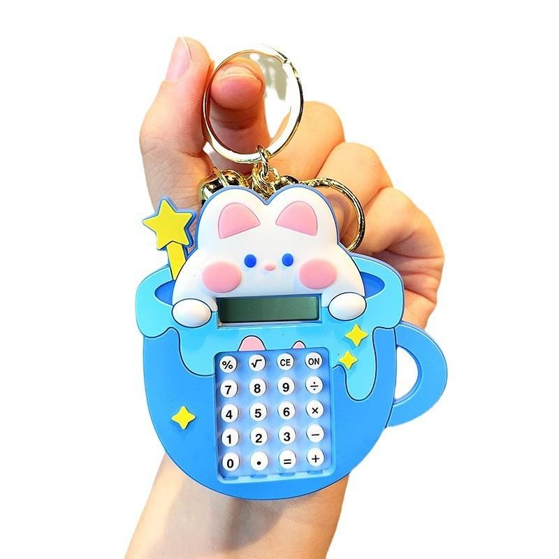 Rainbow Bunny Pink Calculator Keychain Soft Rubber Adorable Keyring For Girls Teens And