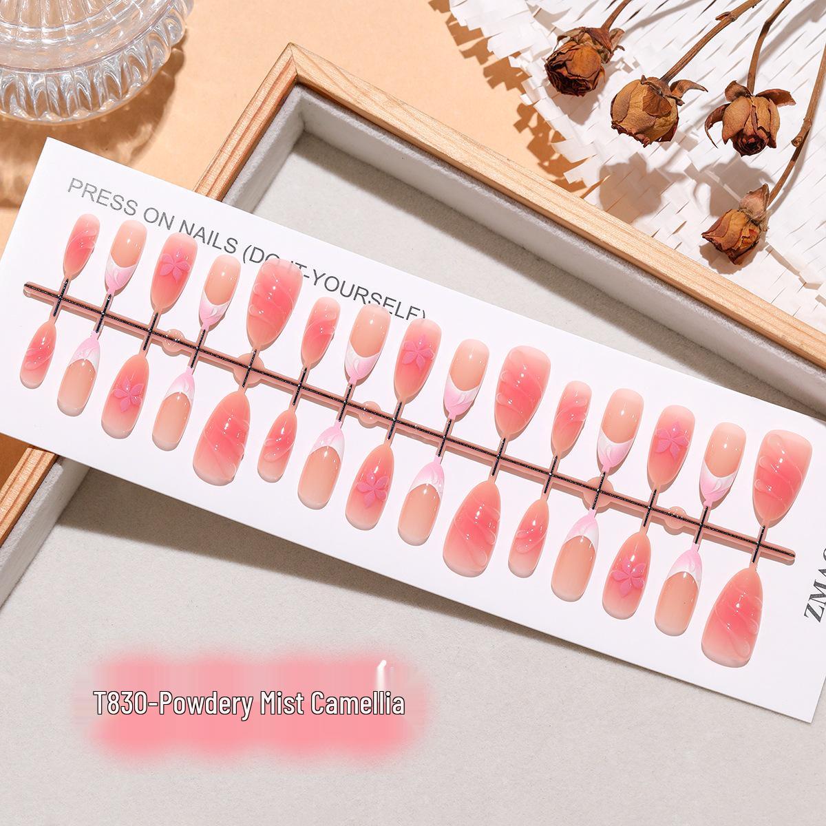 T830 Misty Pink Gradient Blush Cloud Pattern Hand-Painted Cherry Blossom French Almond Nails