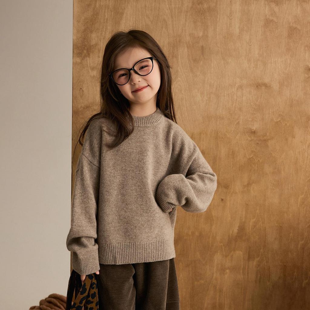 Children's Wool Ribbed Sweater - Round Neck, Cozy Autumn/Winter Base Layer for Girls