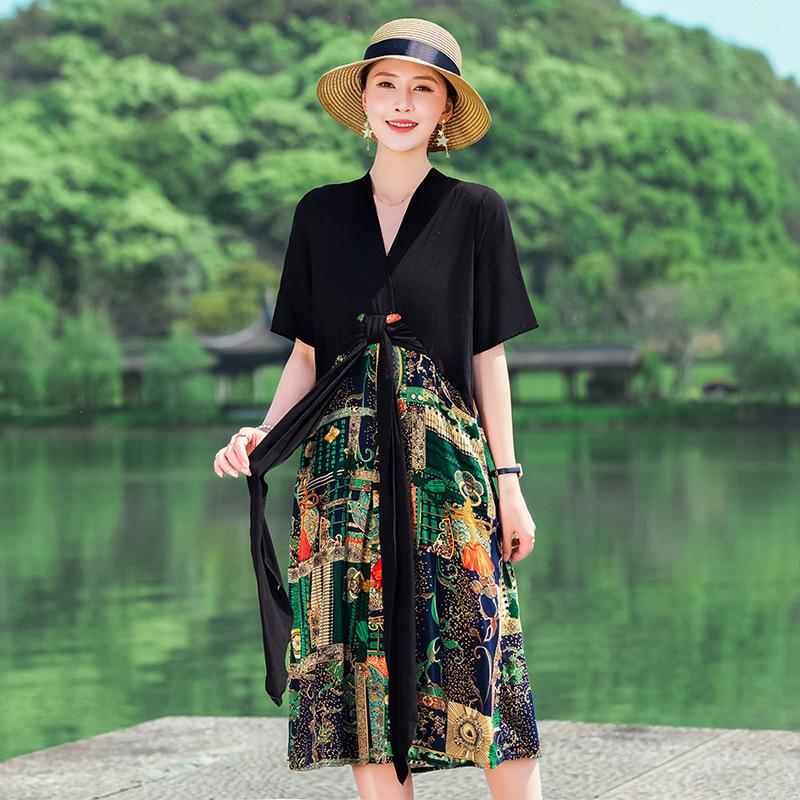 

Plus Size V-Neck Ginkgo Leaf Lace-Up Maxi Dress - Spring/Summer XL
