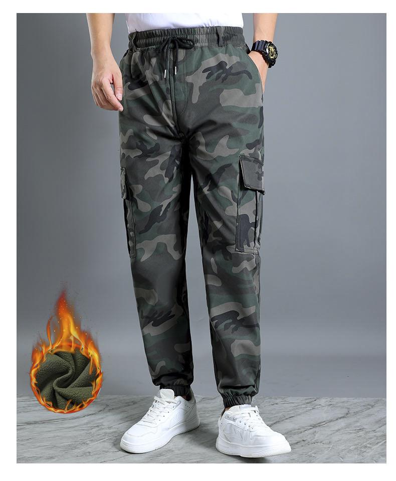Męskie Grube Odporne na Ścieranie Spodnie Robocze w Kamuflażu - Casualowe i Luźne, z Dodatkiem Weluru na Zimę