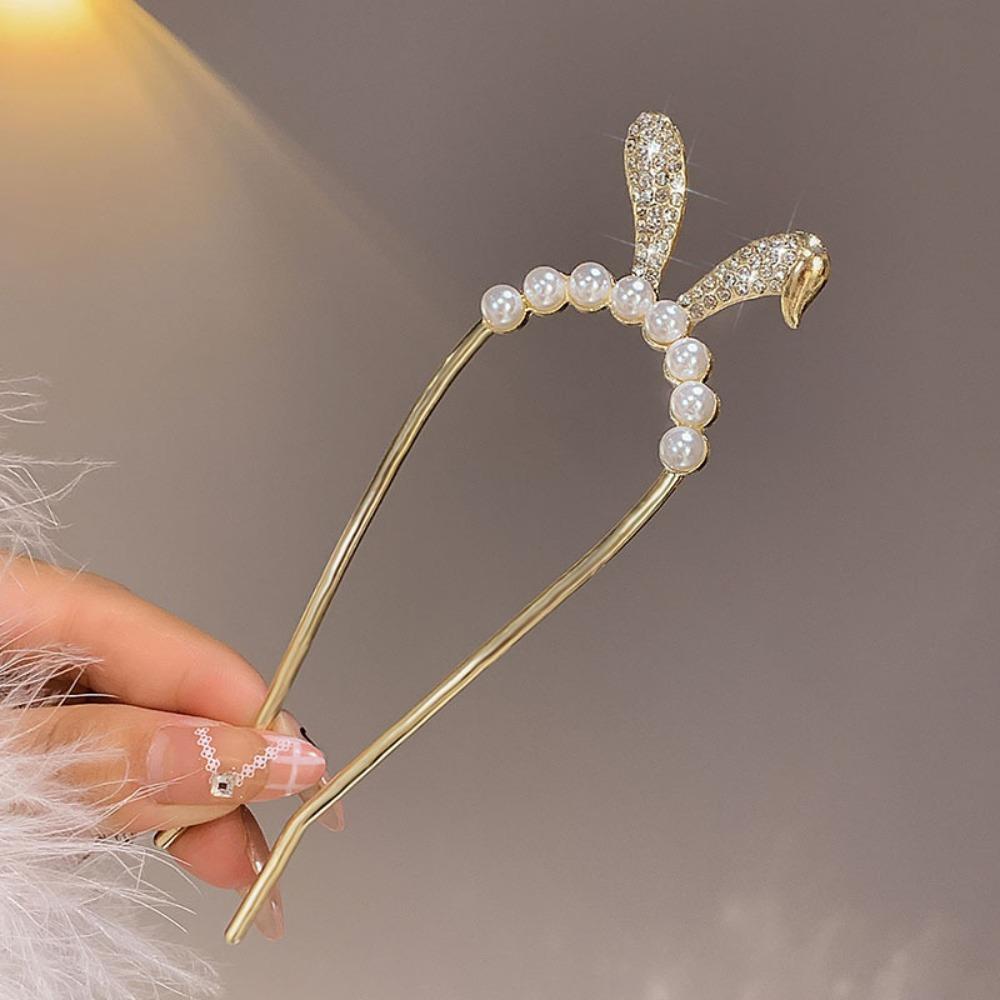 1pc Exquisite Fashion Cat Ear U-Pin Hair Clip Pearl Rhinestone Chinese Ancient Style Hairpin Elegant Headdress for Women