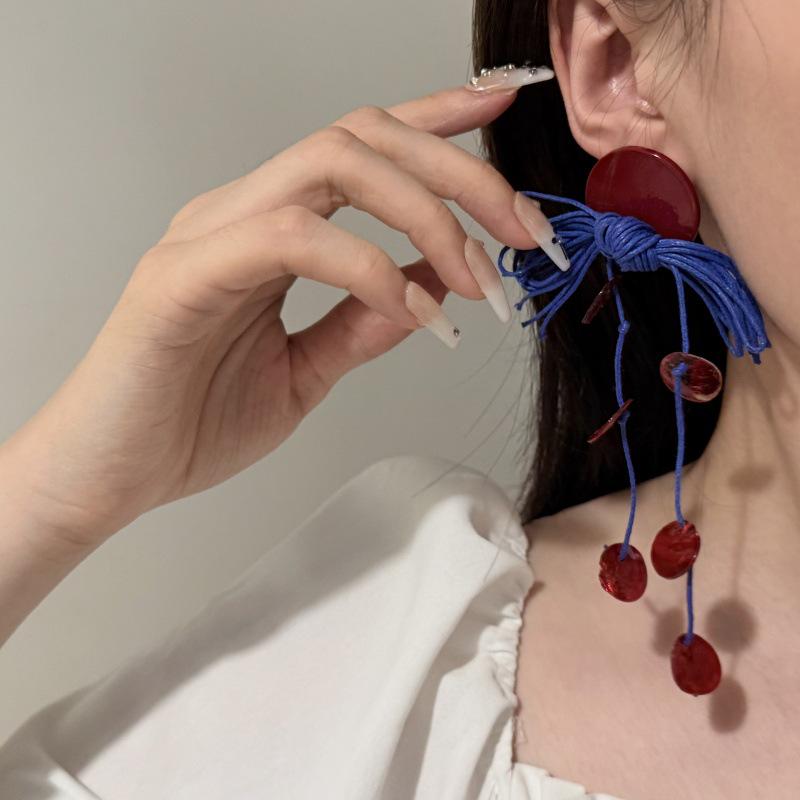 Red & Blue Chinese Floral Tassel Stud Earrings - Women's Luxury Design