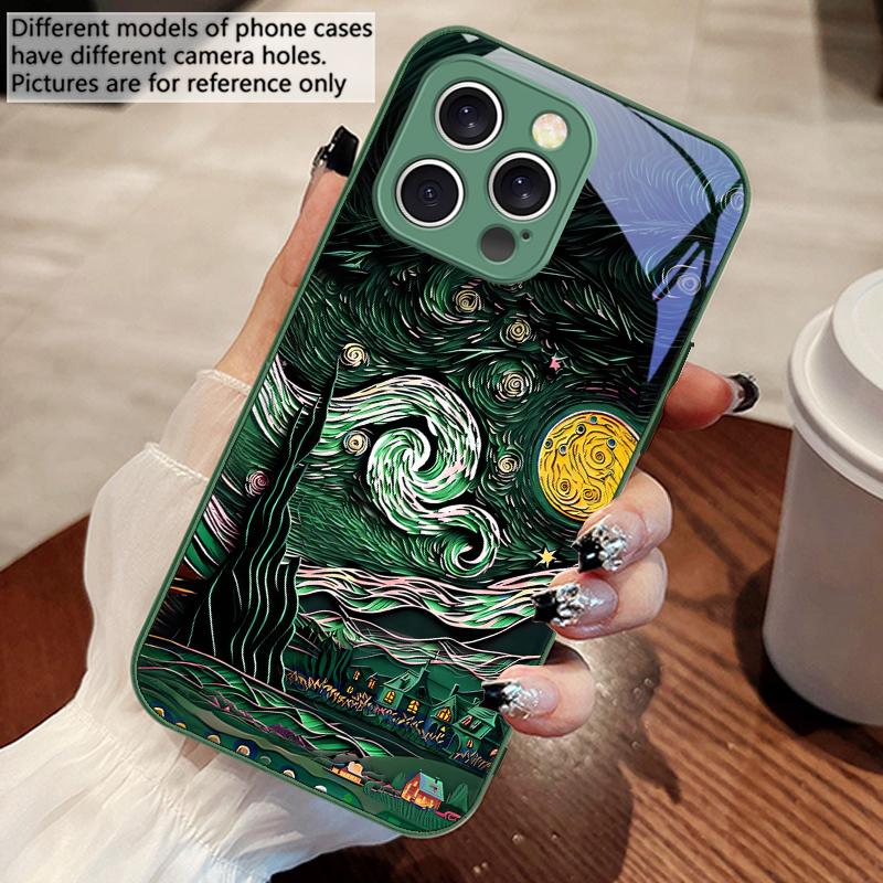 Oil Painting Starry Sky For iPhone 16 E 15 14 13 Plus 12 Mini 11 Pro Max XR Xs Max X 7 8 6 6S 2022 Tempered Glass Phone Case