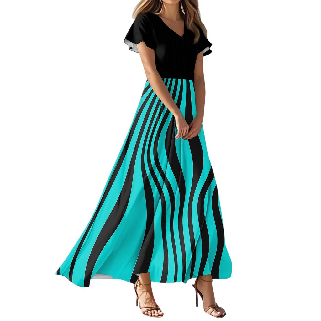 Women's Summer Casual Fashion Striped Printed Dress V Neck Short Sleeve Dress