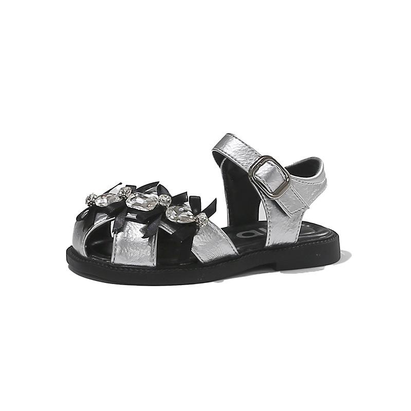 Kids Princess Sandals Summer Rhinestone Butterfly Bow Toddler Girls Half Boots Casual Shoes size 23 серебряный