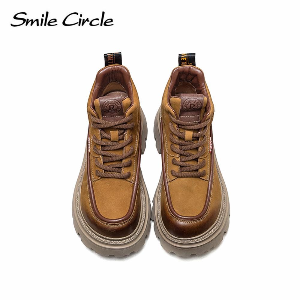 Natural Leather Chunky Women's Ankle Boots High Top Thick Bottom Boots Lace Up Casual Women's Motorcycle Boots