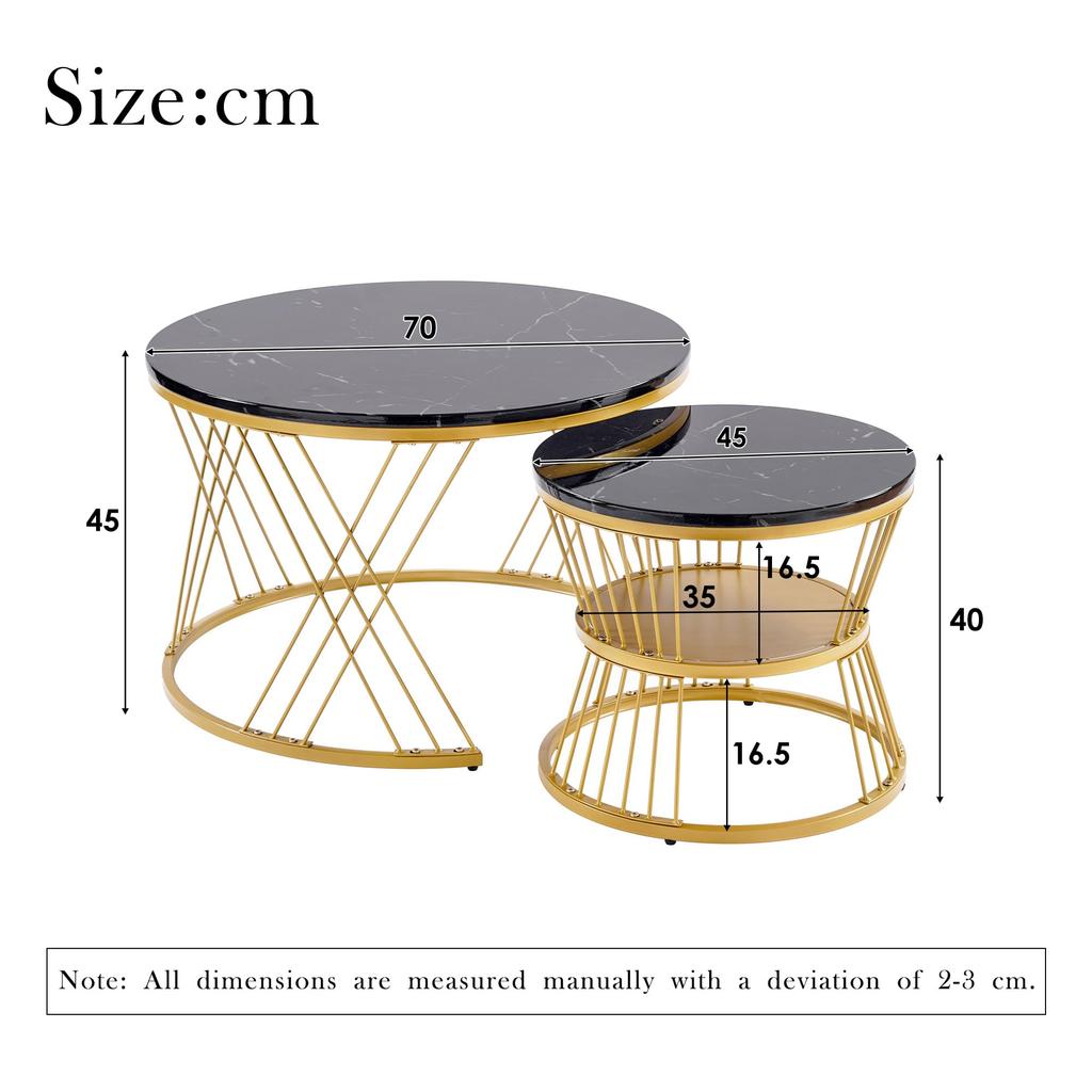Couchtisch 2er Set, Hochglanz Wohnzimmertisch, Coffee Table mit Stauraum, für Wohnzimmer, Balkon, Metallgestell, Gold und Schwarz