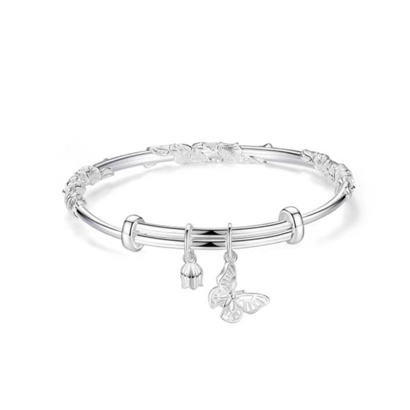 Chinese Style Floral Butterfly Push Pull Adjustable Bangle Heart Shaped Bamboo Link Flower Bud Opening Bracelet Fashion Jewelry
