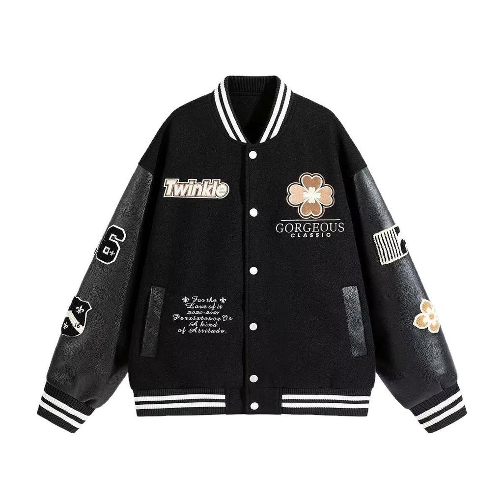 Trendy Men's Heavyweight Embroidered Baseball Jacket: Hip-Hop Street Style, Loose Fit, Wool Blend PU Leather, Perfect for Spring & Autumn