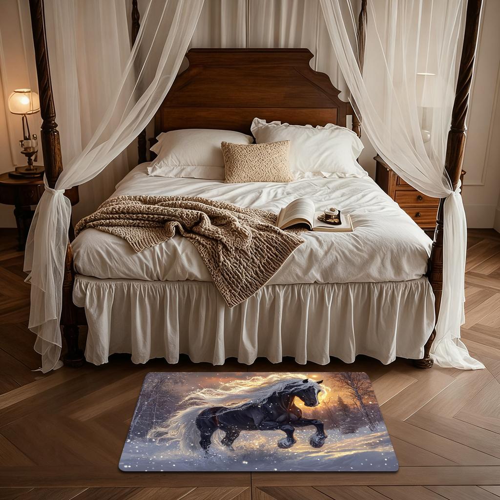 Winter Horse Door Mat Flannel Soft Kids Rug Fantasy Animal Print Kitchen Bedroom Floor Mat Anti Slip
