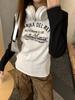2026 Spring/Summer Women's Black & White Patchwork Raglan Long Sleeve Tee - American Style Print, Loose Fit, Color Block Trendy Top