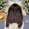 Autumn Winter Women Casual Turtleneck Zipper Twist Knitted Sweater Cardigans Tops Jacket Coat