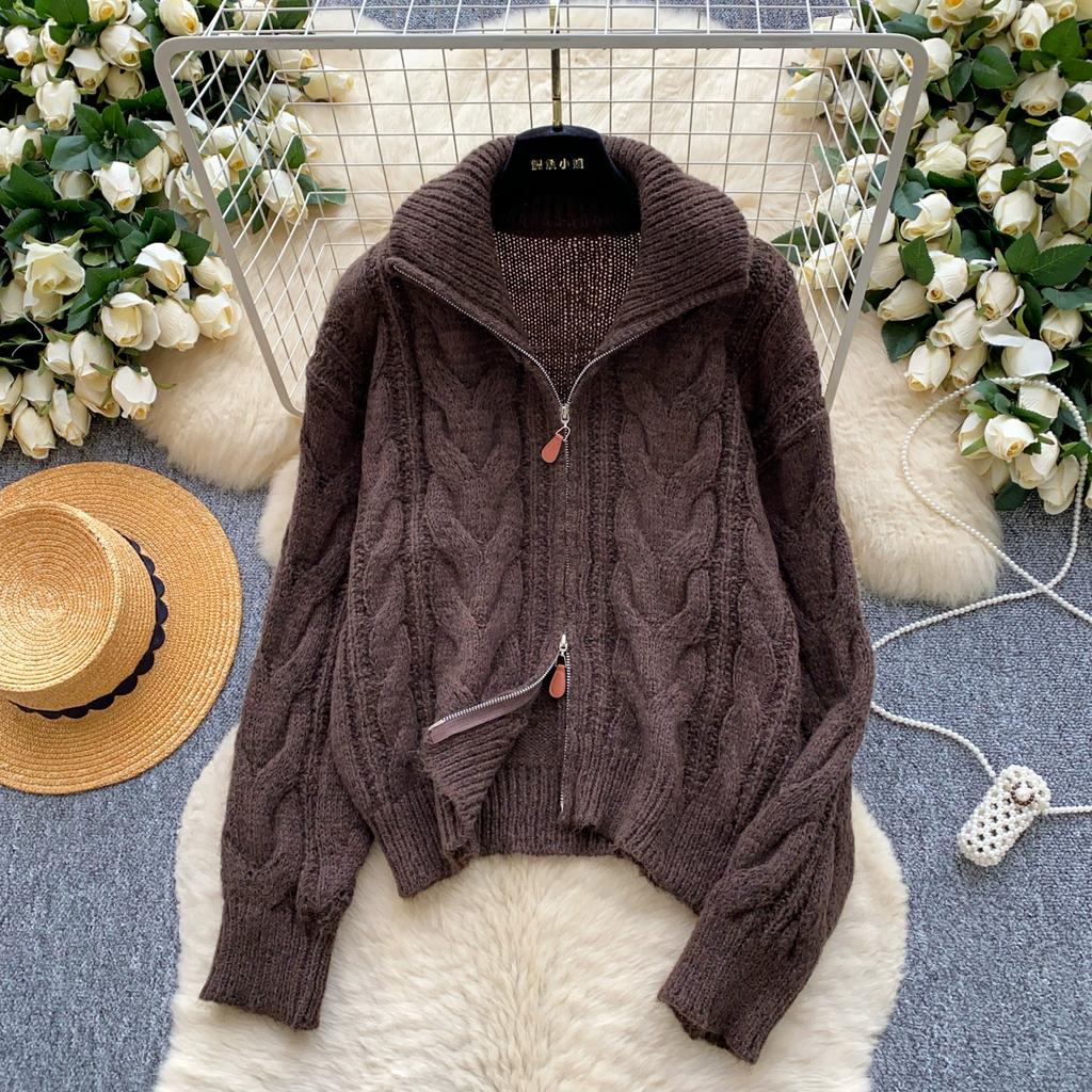 Autumn Winter Women Casual Turtleneck Zipper Twist Knitted Sweater Cardigans Tops Jacket Coat