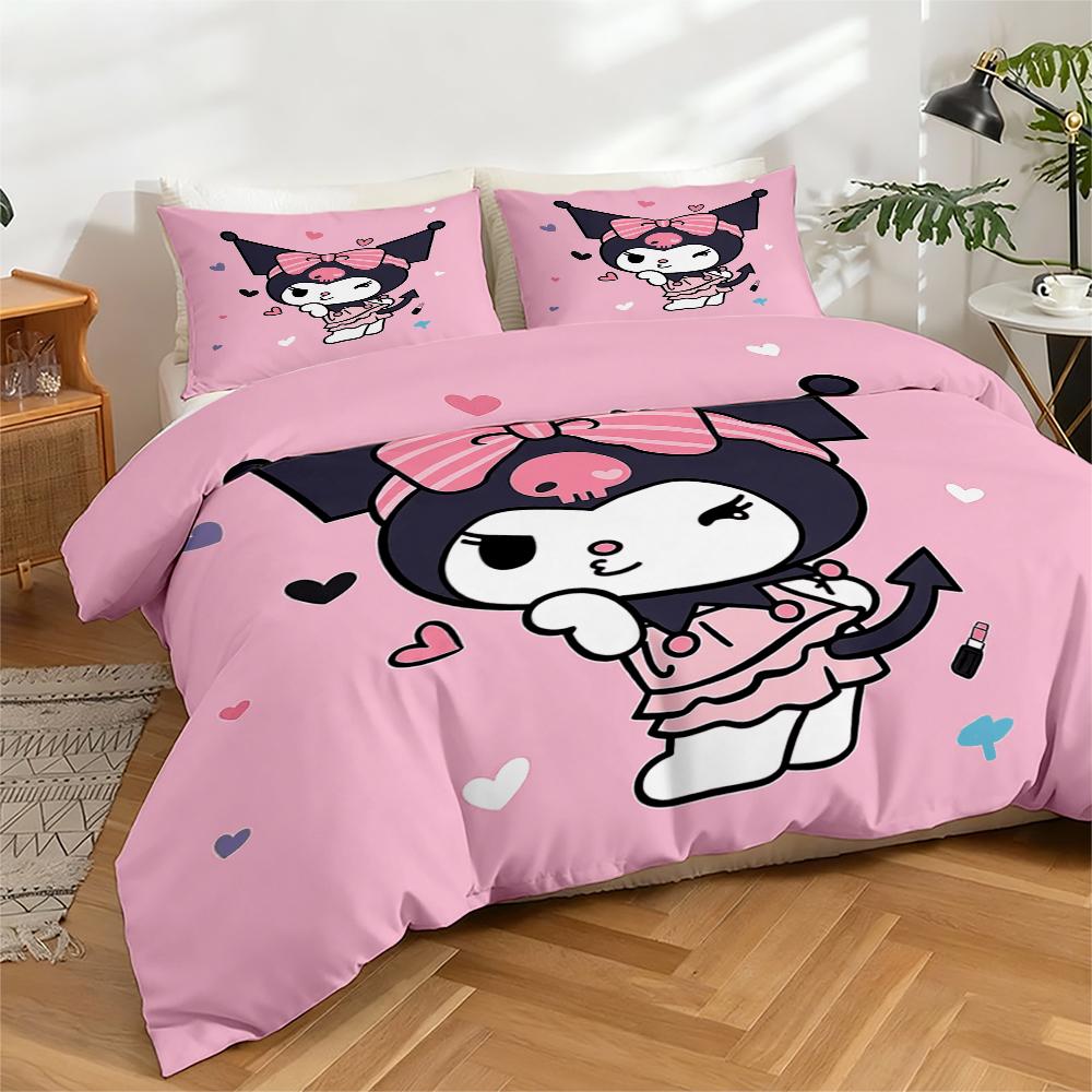 3-Piece High-Definition Digital Print Bedding Set, Kuromi Large Floral Pattern Duvet Cover Set, Includes 1 Duvet Cover + 2 Pillowcases