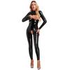 Damski Catsuit ze Skóry Lakierowanej z Długim Rękawem Kombinezon z Wycięciami w Kroku Odkryty w Klatce Piersiowej Body z Wysokim Dekoltem