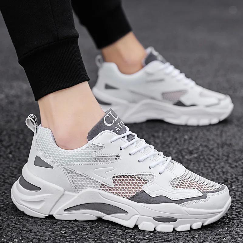 Men's White Mesh Platform Sneakers Breathable Summer Lace Up Casual Shoes Lightweight Fashion Sports Footwear