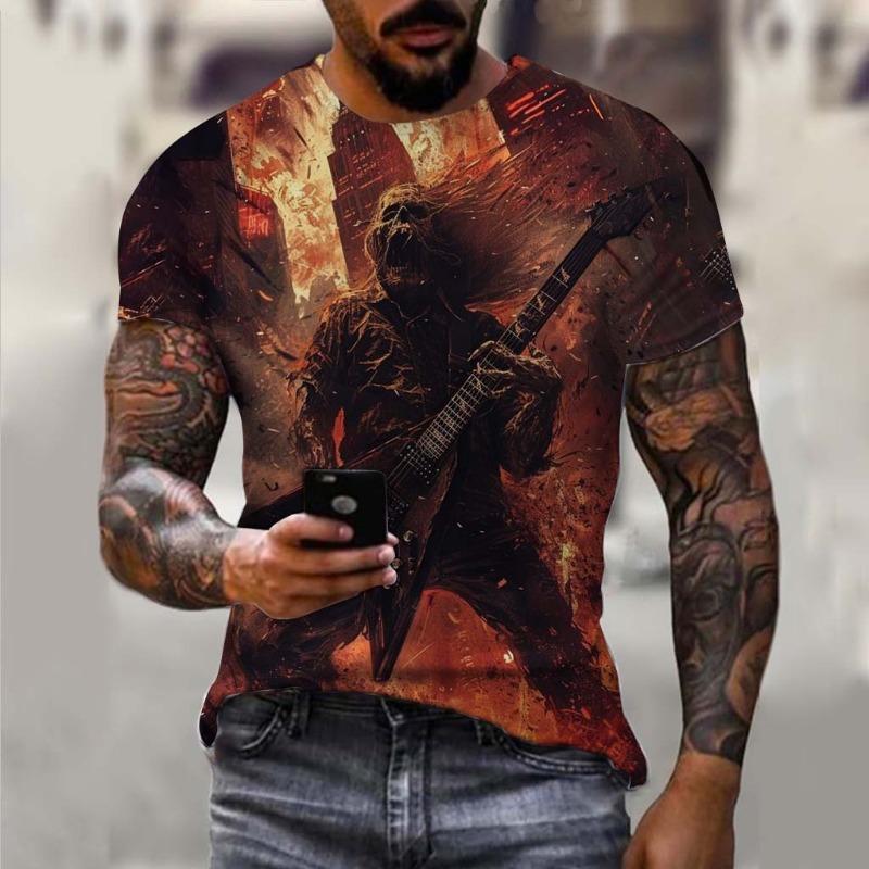 Men s 3D Skull Print T-shirt, Red, Casual Polyester Round Neck Round Neck Summer S