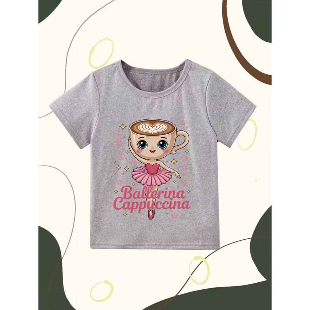 Ballerina Cappuccina Mädchen T-Shirt Italienischer Brainrot Lustige Kinder T-Shirts Sommermode Kurzarm Tops für Kinder Niedliche Kleidung