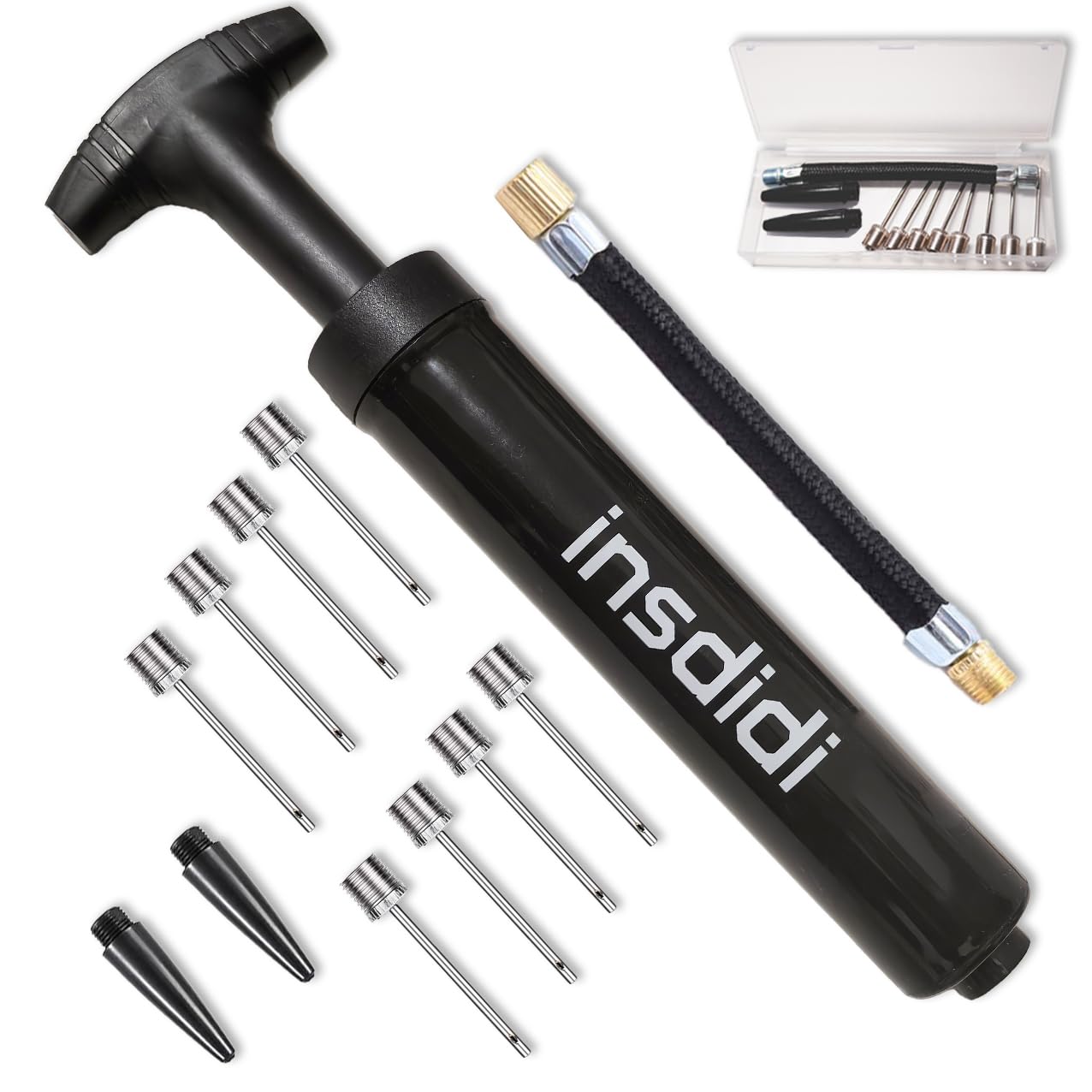 

insdidi set ball air pump for hand swim inflatable sports ball pump water swimming easy to with 8 air 2 and 1 extension hose 12-piece pump, balls, чорний