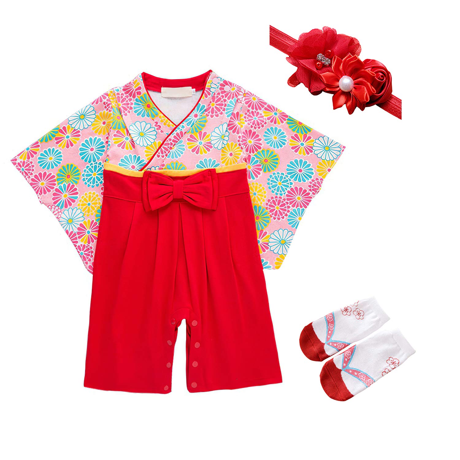 

First Meal Hakama for Red Wasou Baby Japanese Traditional Outfit [Yilaku] Girls, Romper, Clothes, Coverall, Pattern, Clothing, Red, Spring/Summer
