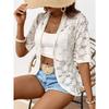 Elegant Women's Open Collar Contrast Lace Jacket - Lightweight Semi-Sheer Black & White Lace Panels, Spring Summer Fall Casual Chic Outerwear,