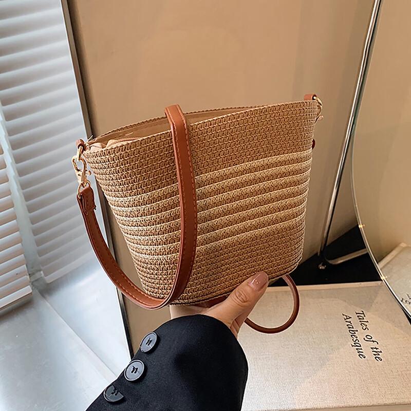 Aegean Sea Woven Straw Crossbody Bucket Bag
