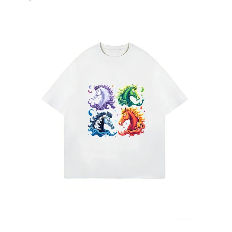 Übergroßes T-Shirt Schwarz Vier Bunte Einhorn-Drucke Für Freizeitkleidung