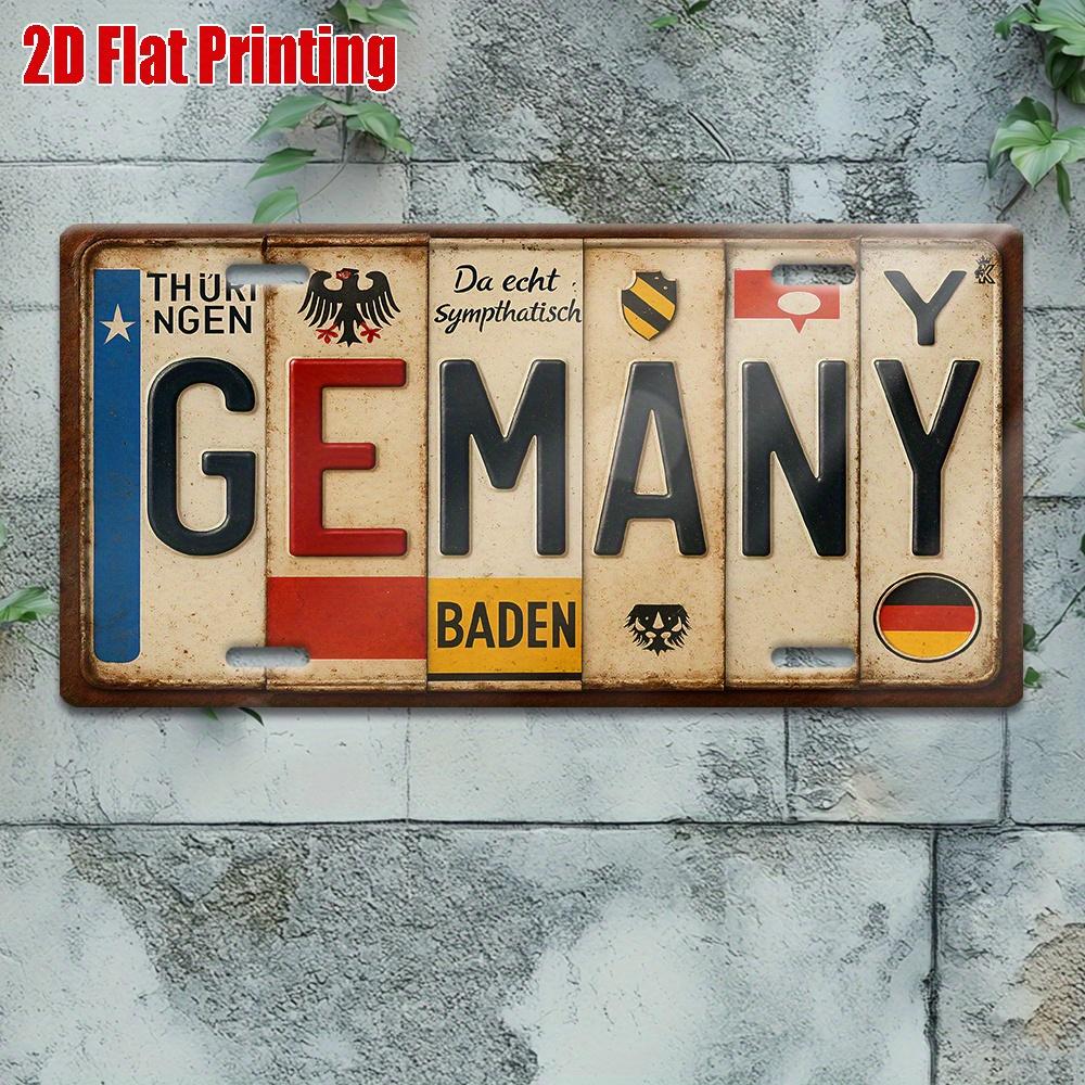 Printing, , Vintage Metal License Plate, Outdoor Wall Art , GERMANY Badge Style Aluminum Sign with License Typography and Sym