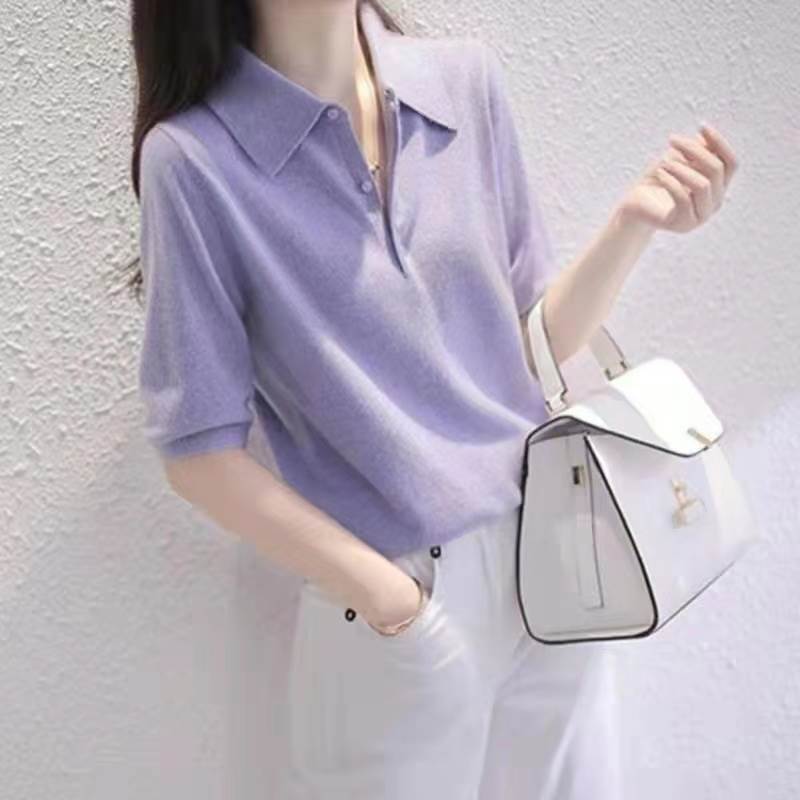 New women's summer lapel temperament white purple short-sleeved ice silk knitted sweater