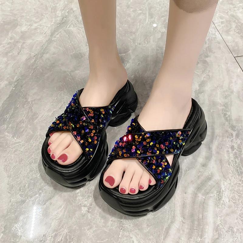 Fashion Summer Bling Slippers Women's Chunky Sandals 2024 Fashion Women 7CM Wedges Platform Shoes Woman Open Toe Flats Beach Flip Flops