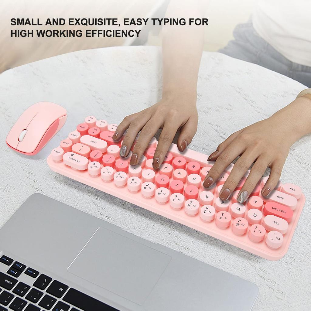 Wireless Keyboard and Mouse Cute Retro Round Keycap Typewriter Keyboard with 3 DPI Wireless Computer Keyboard and Mouse Set for Home Office Combo,