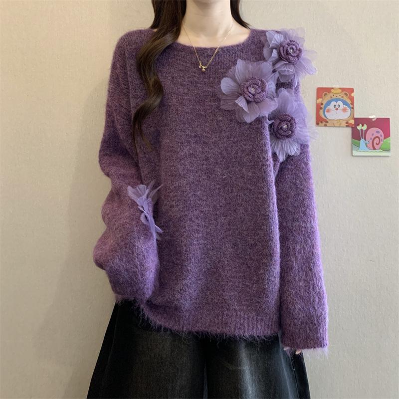 

Autumn/Winter Women s Long Sleeve Knitwear with 3D Flower Design - Cozy Korean Style Sweater Top One Size [80-125] фиолетовый