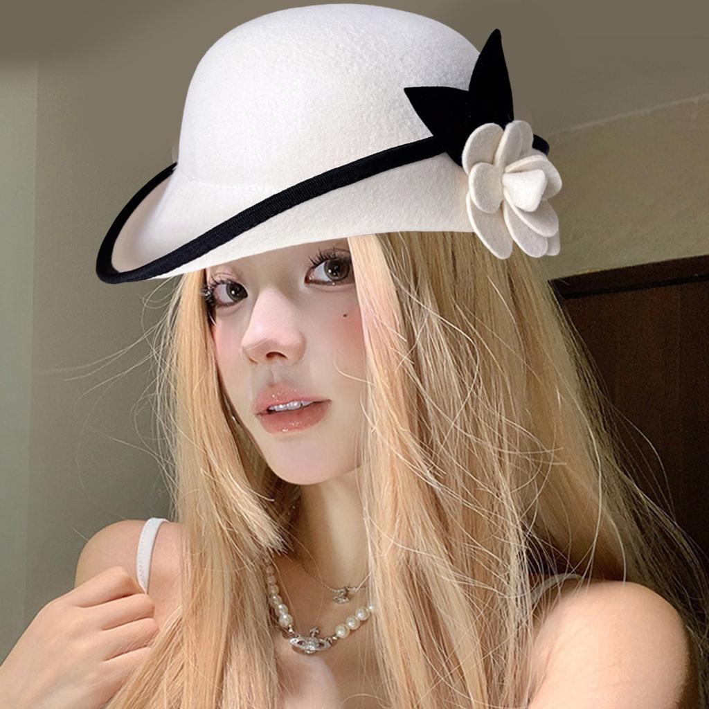 Vintage Fedoras Hat for Women Theme Party Caps with Roll Brim Flower Wool Bowler Hat for Halloween Party Cosplay Accessory
