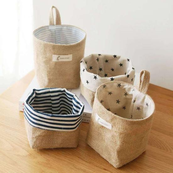 Cotton Linen Hanging Storage Bag Wall Mounted Storage Basket Small Folding Storage Bag